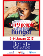 1 of 9 human suffering from hunger. From 9th to 14th of January 2017 donate during #StopHungerWeek for a hunger-free world! Donate here and now